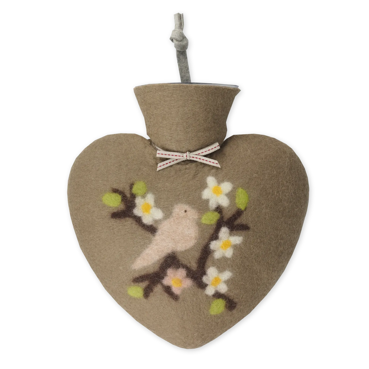 Bird on branch heart shaped felted wool hot water bottle