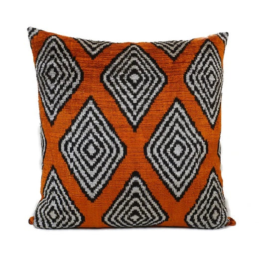 Square Silk Velvet Ikat Cushion - Ginger/Black