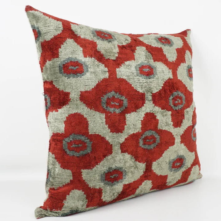 Ottoman silk velvet cushion in red and greens.