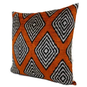 Square Silk Velvet Ikat Cushion - Ginger/Black
