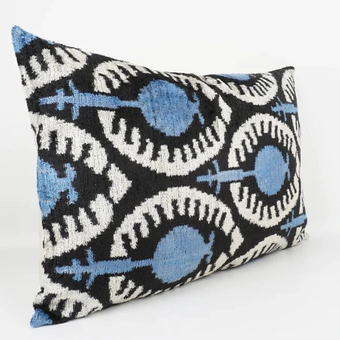 Silk Velvet Ikat Lumber Cushion Blues