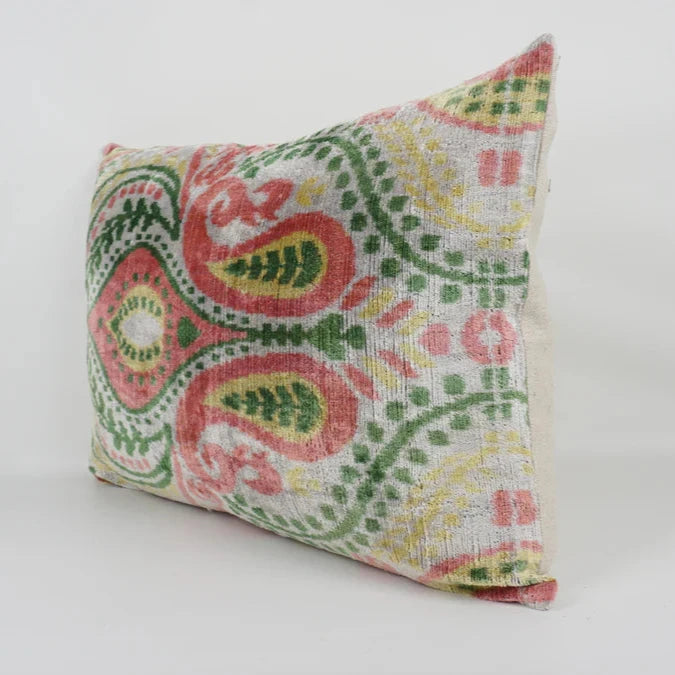 Pastel Paisley Silk Velvet Ikat Lumber Cushion
