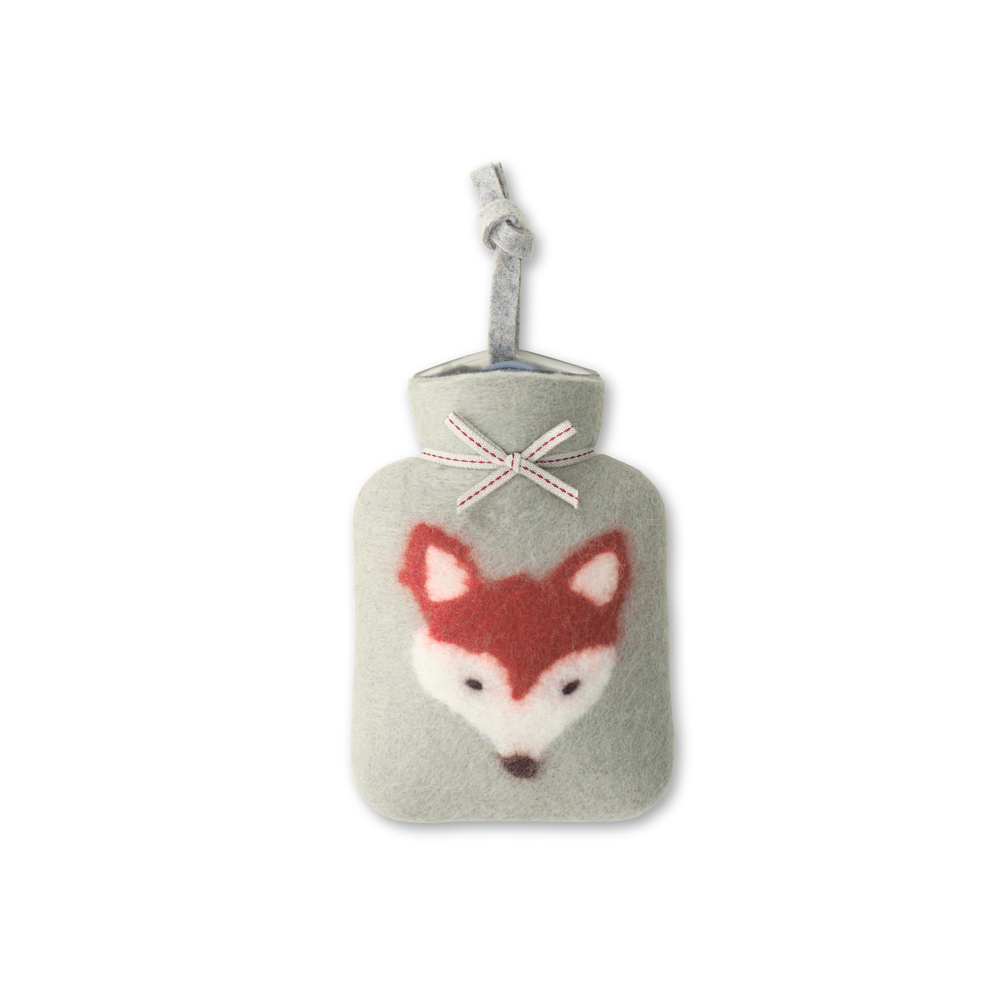 Fox face design on a jade felted mini hot water bottle.