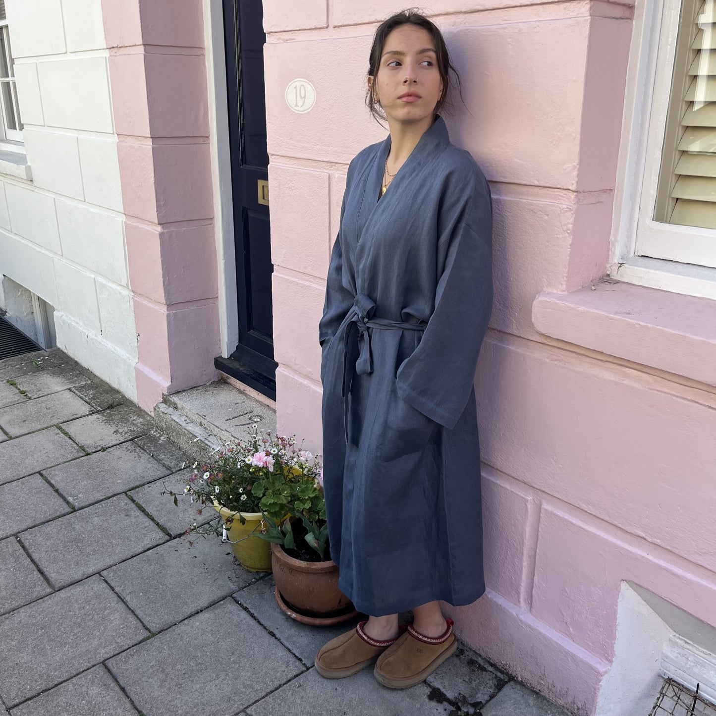 Hanover ink linen kimono robe.