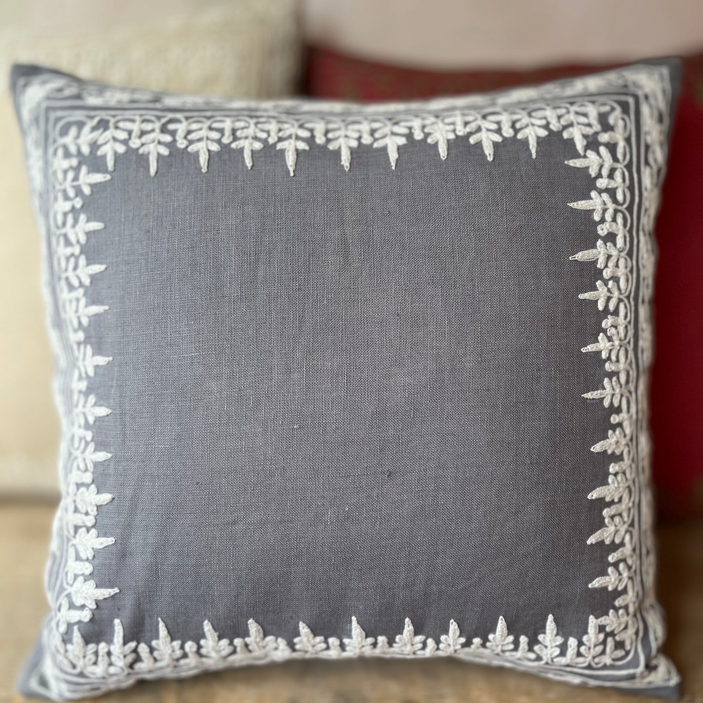 Small Blue Embroidered Dori Linen Cushion Cover