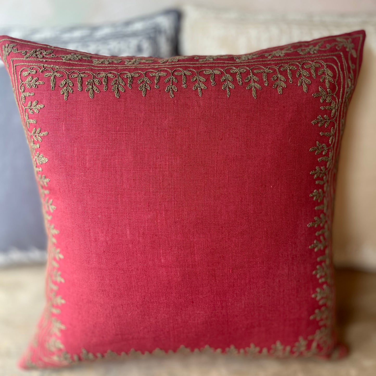Small Red Embrodiered Dori Linen Cushion Cover