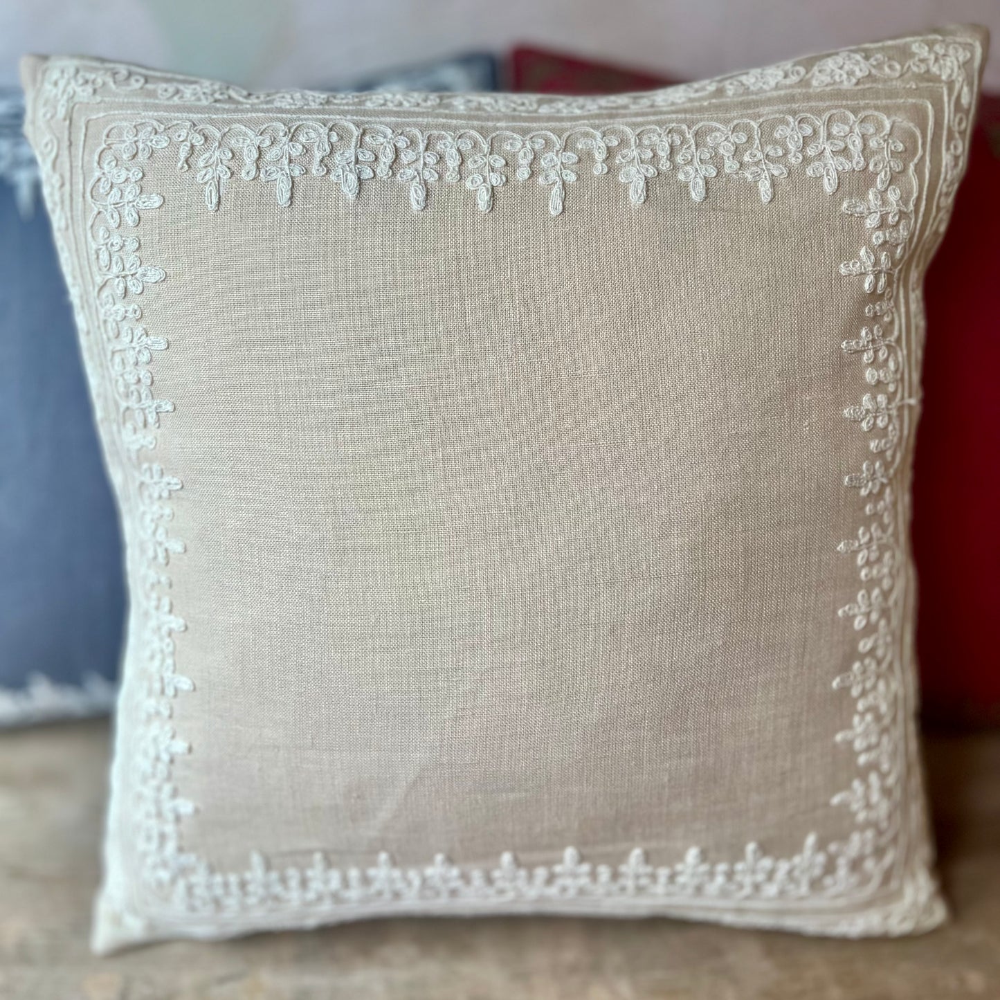 Small Beige Embroidered Dori Linen Cushion Cover