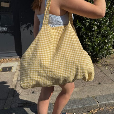 Yellow Gingham Linen Market Bags - close up