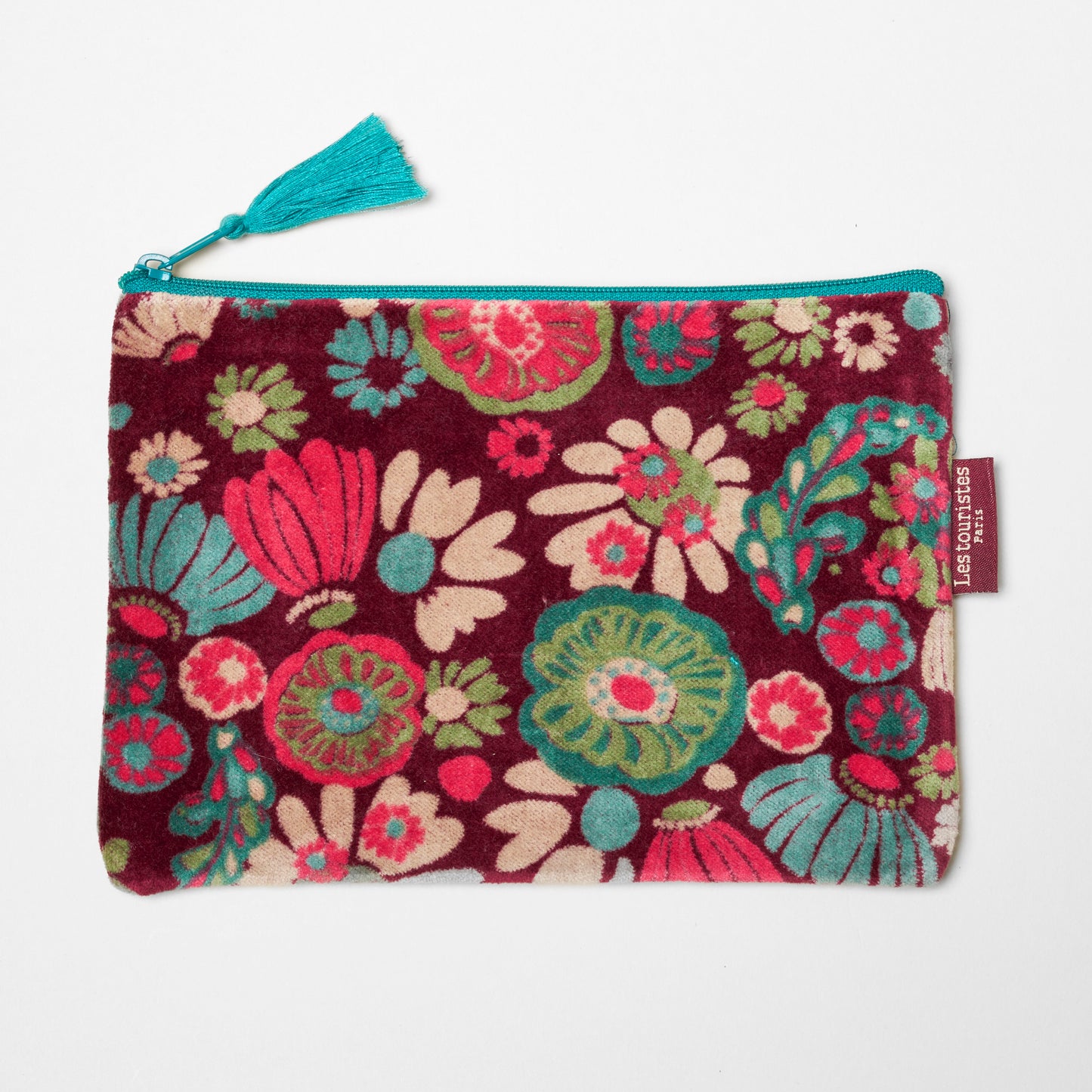 Cotton velvet pouch with a burgundy base and a pink, cream, teal and green floral design.
