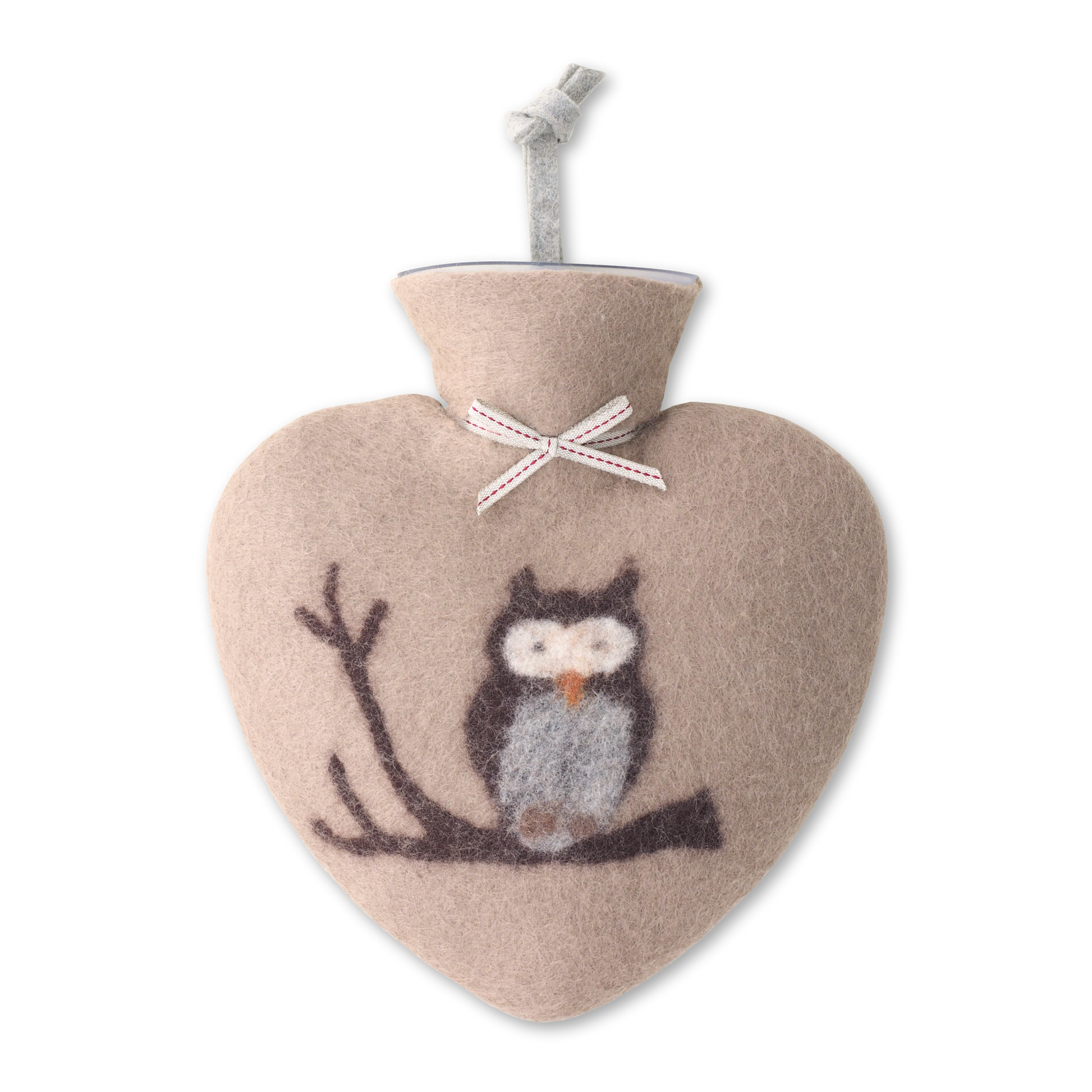 Heart shaped hot water bottle with an owl on a branch design.