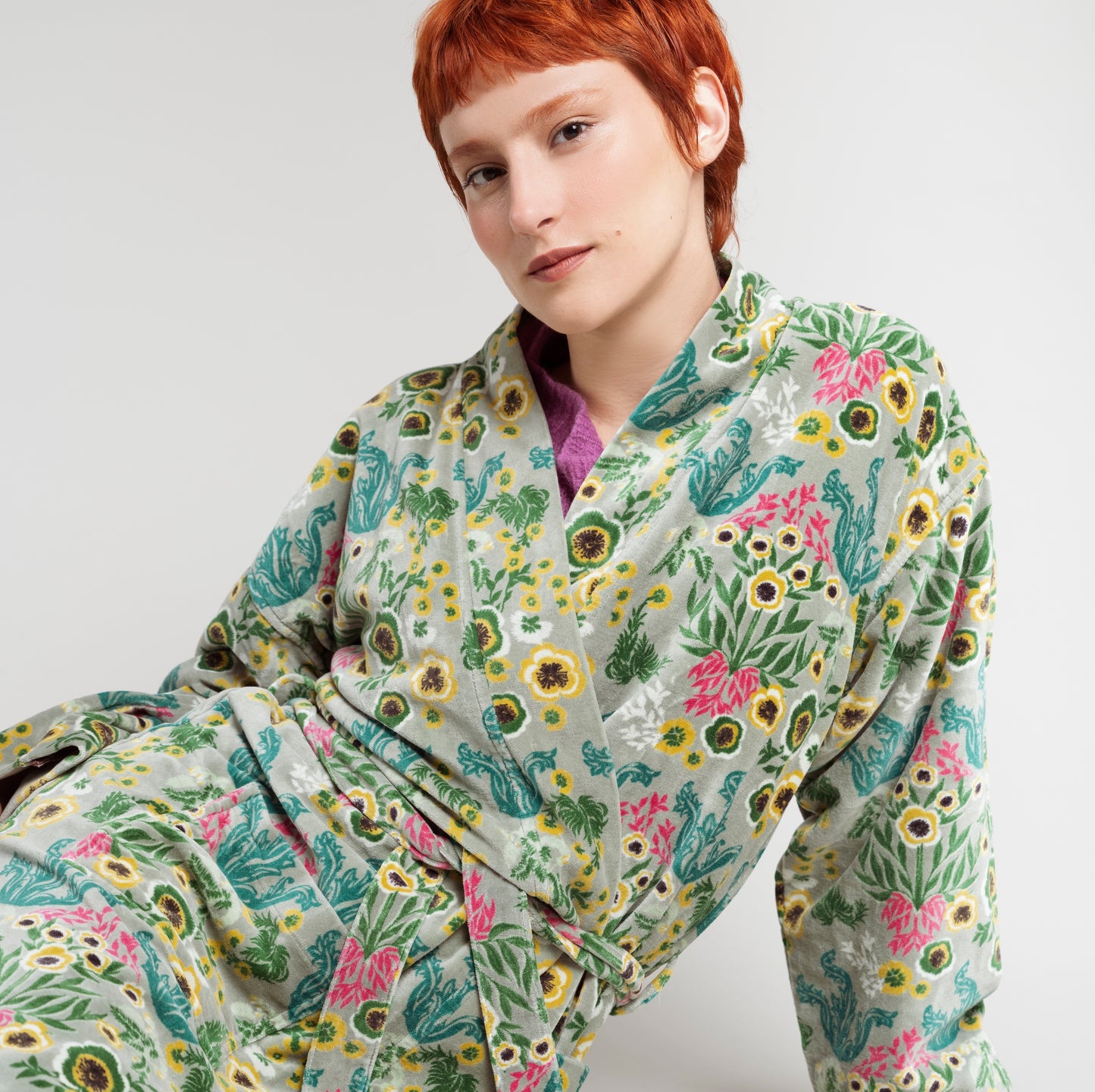 Cotton velvet sage robe with a wild flower design.