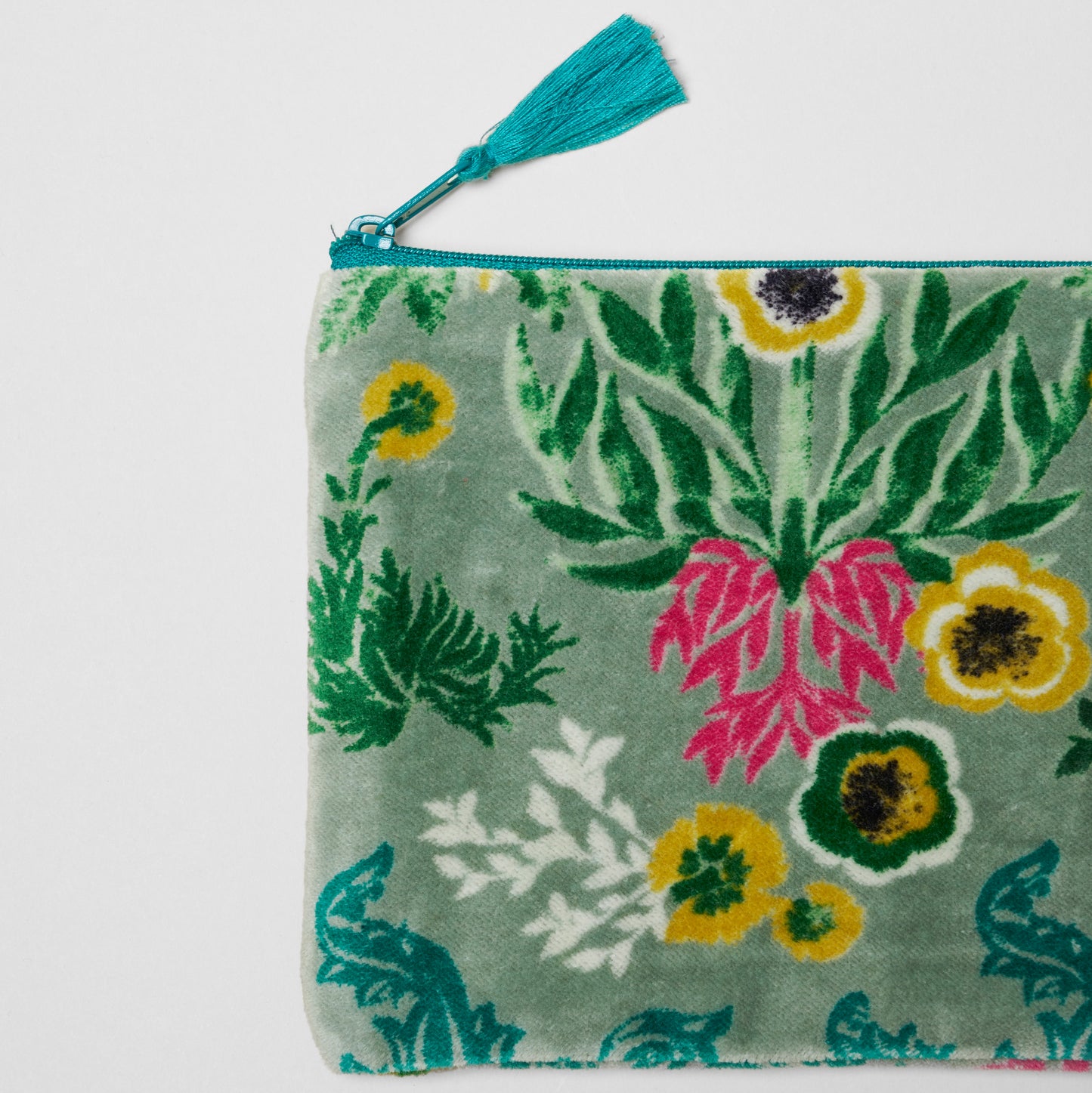 Sage green cotton velvet pouch with a yellow, pink and green wild flower design.