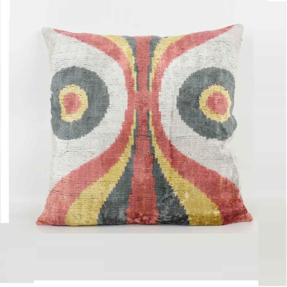 Swirls pink and grey ikat ottoman cushion.