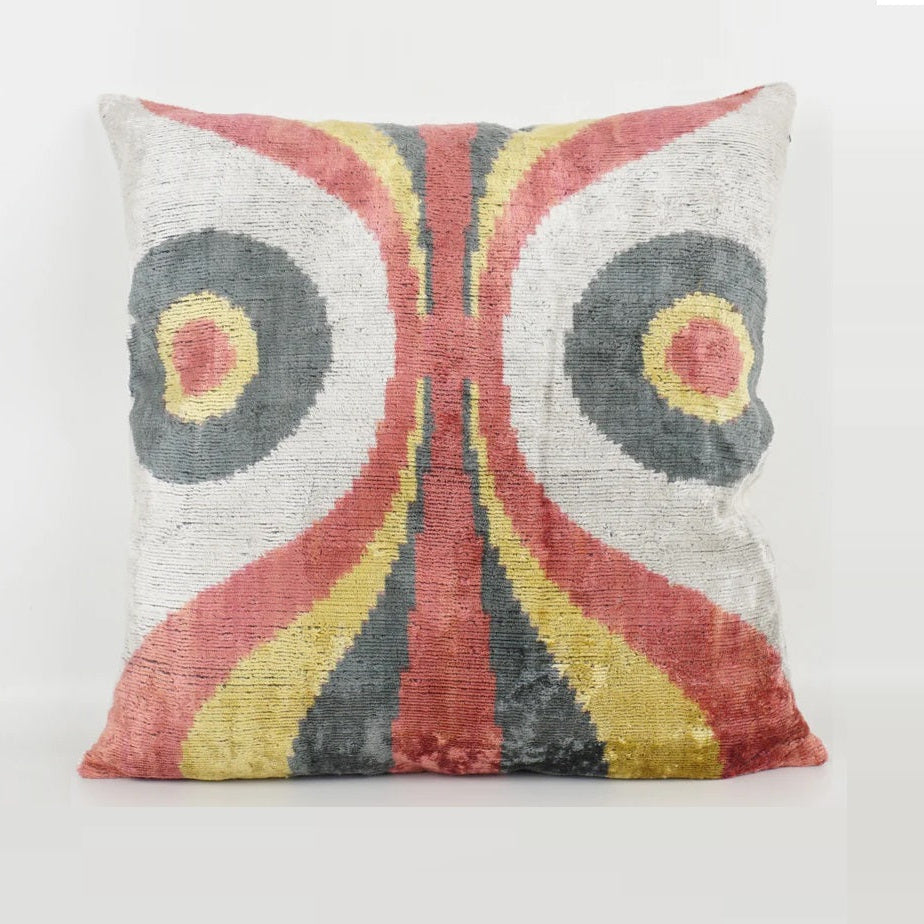 Swirls pink and grey ikat ottoman cushion.