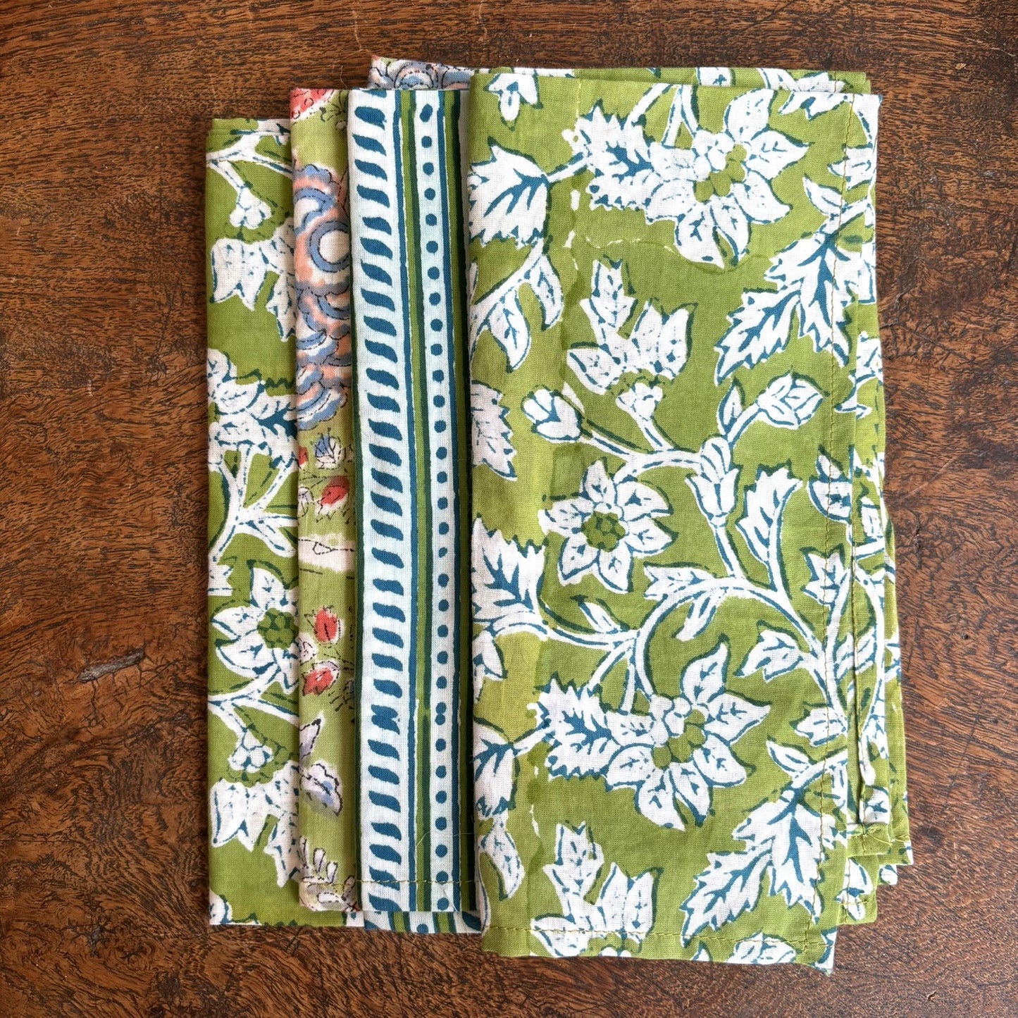 Set of 4 Block Print Green Napkins 45x45cm