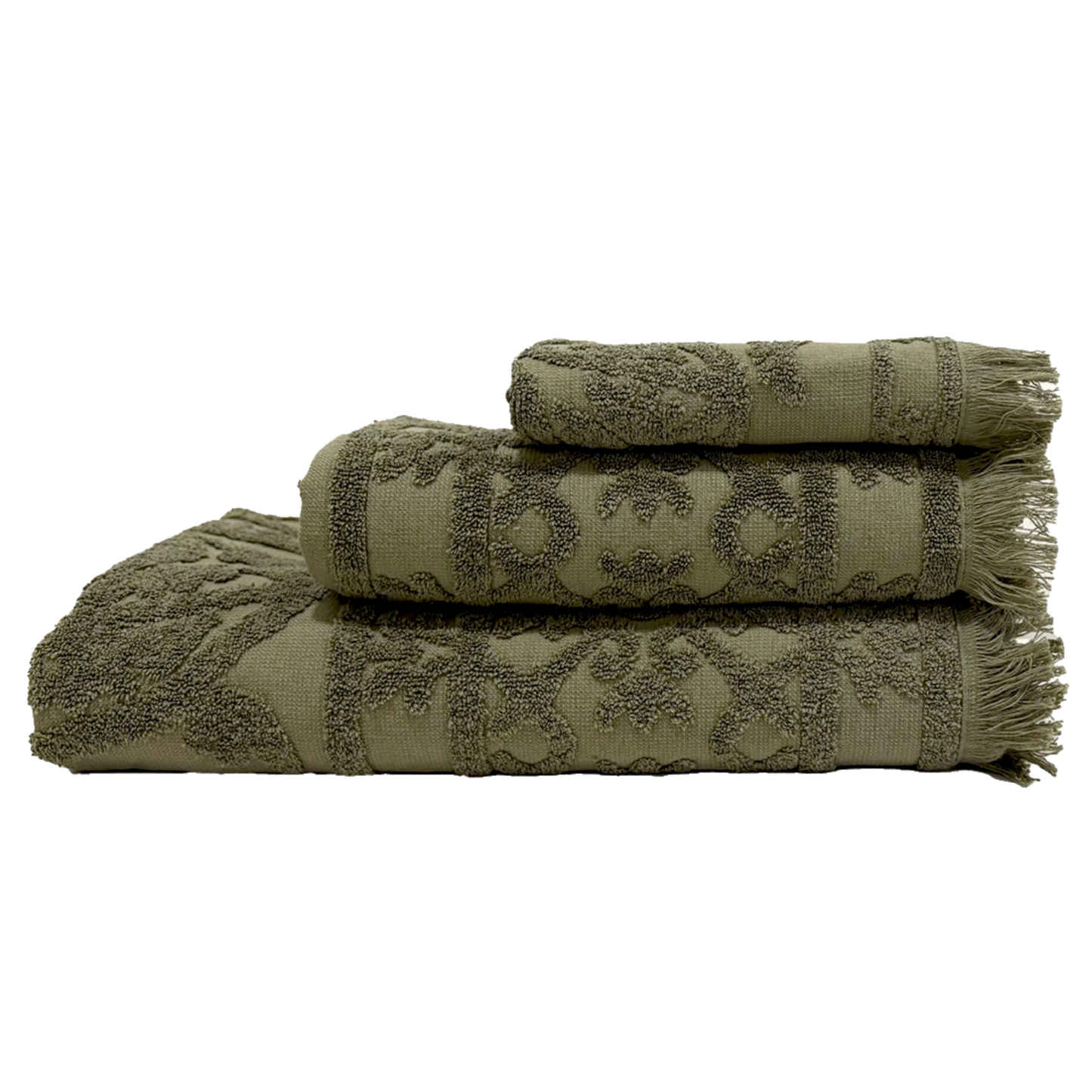 Khaki sculpted linen and cotton guest towel.
