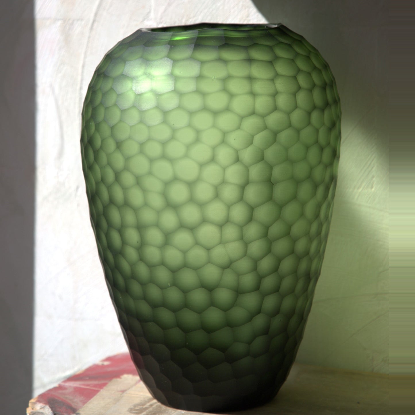 Large Green Organic Carved Glass Vase
