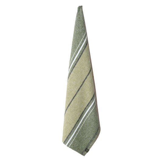 Green linen and cotton striped tea towel.