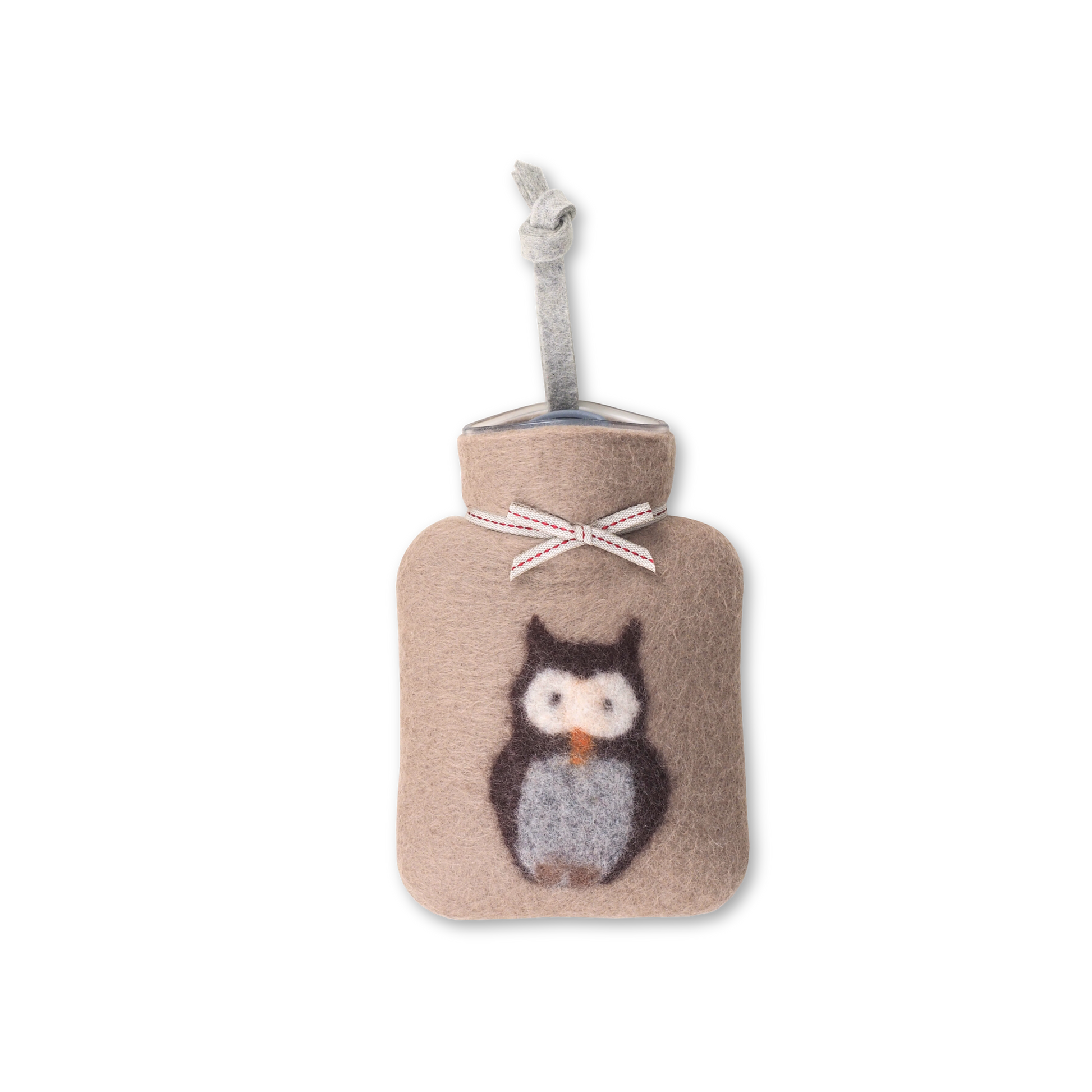 Tawny owl on a beige felted hot water bottle.