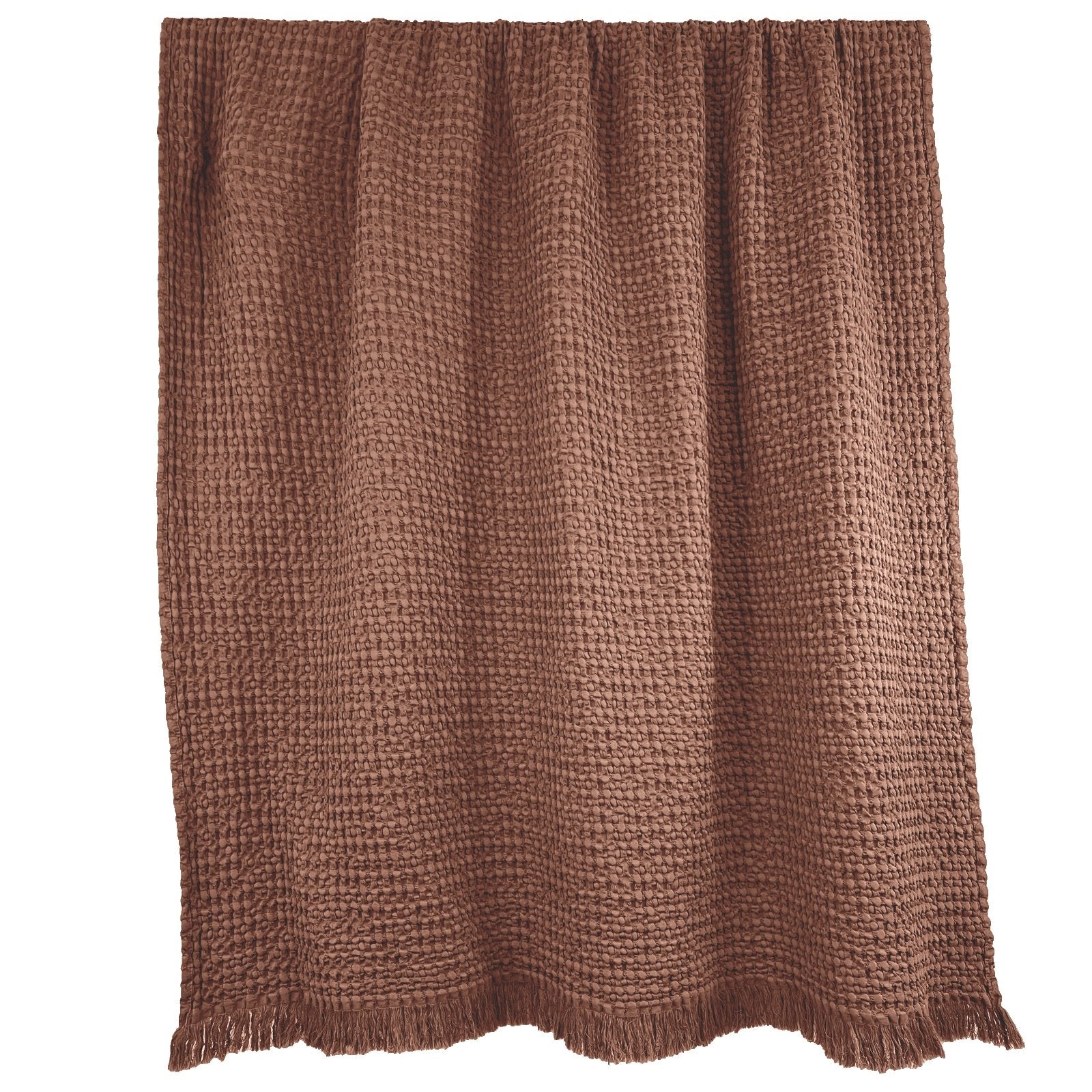 Waffle dusty pink throw with a fringed edge.