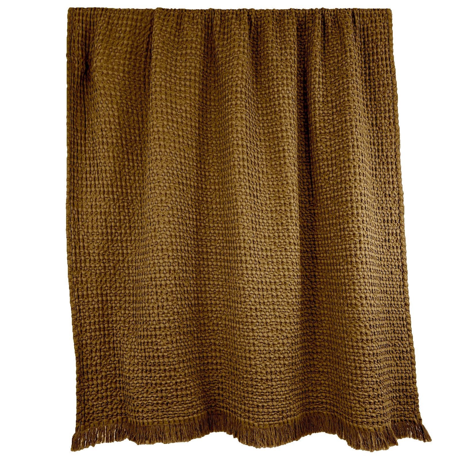 Waffle dark gold throw with a fringed edge.