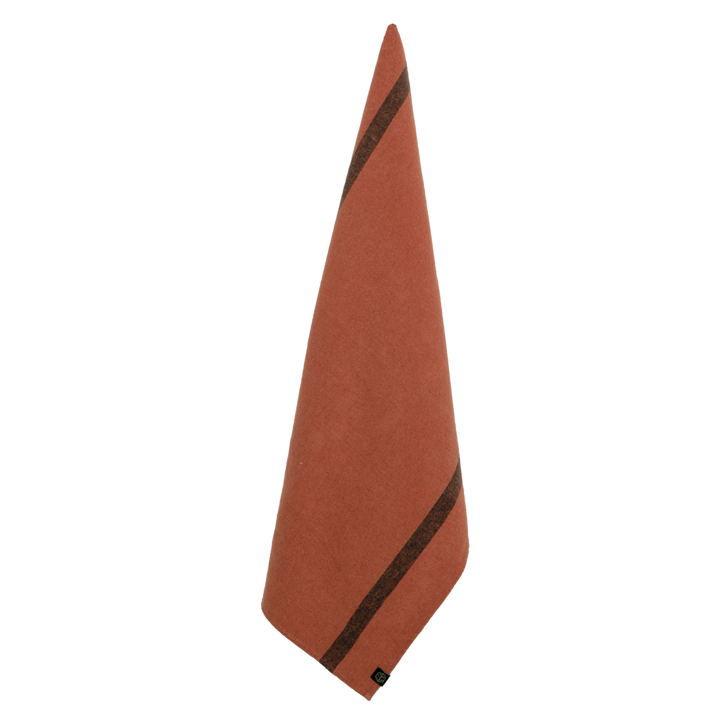 Terracotta pink linen and cotton tea towel with a black striped on each end of the towel.