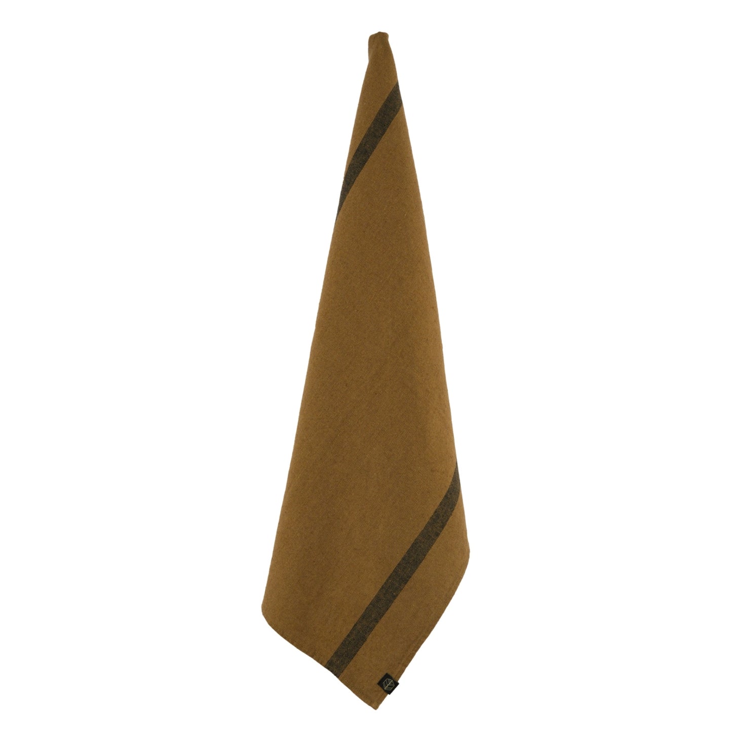 Dark gold linen and cotton tea towel with a black striped on each end of the towel.