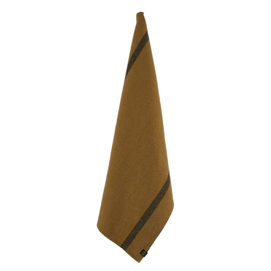 Dark gold linen and cotton tea towel with a black striped on each end of the towel.