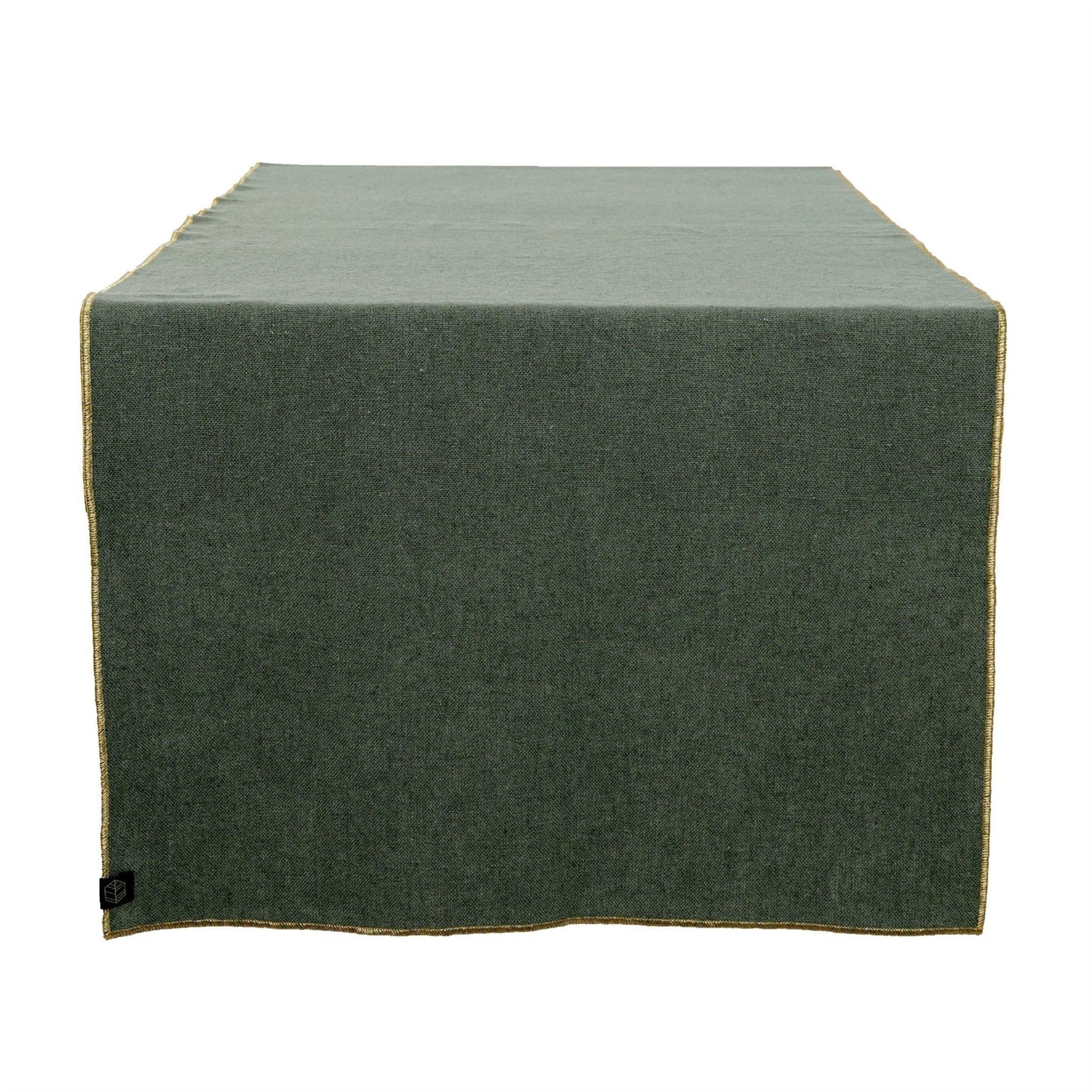 Forest green linen table runner finished with a gold trim.