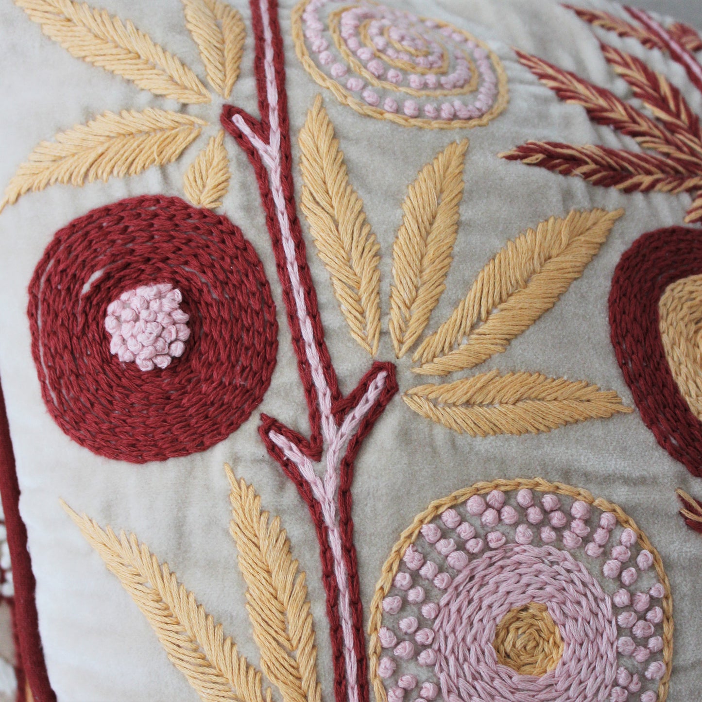 Carey Hand Embroidered Square Velvet Cushion Detail