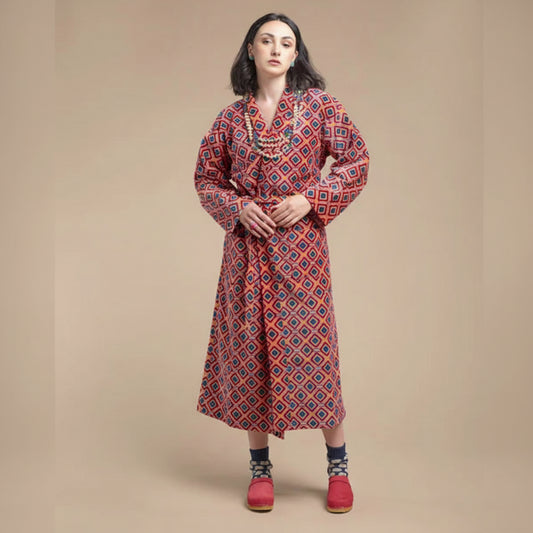 Famara coral printed velvet robe
