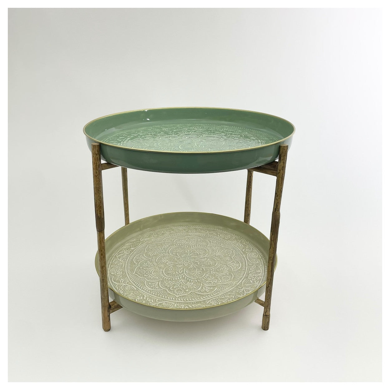 Bamboo side table stand holding two enamelled trays.