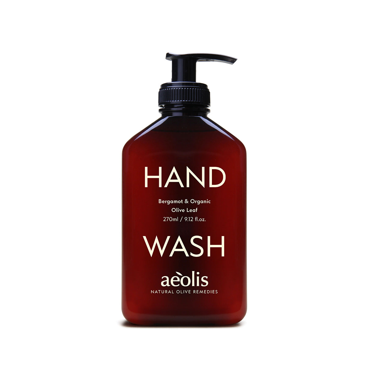 Red hand wash bottle with pump labeled 'aeolis' on a white background