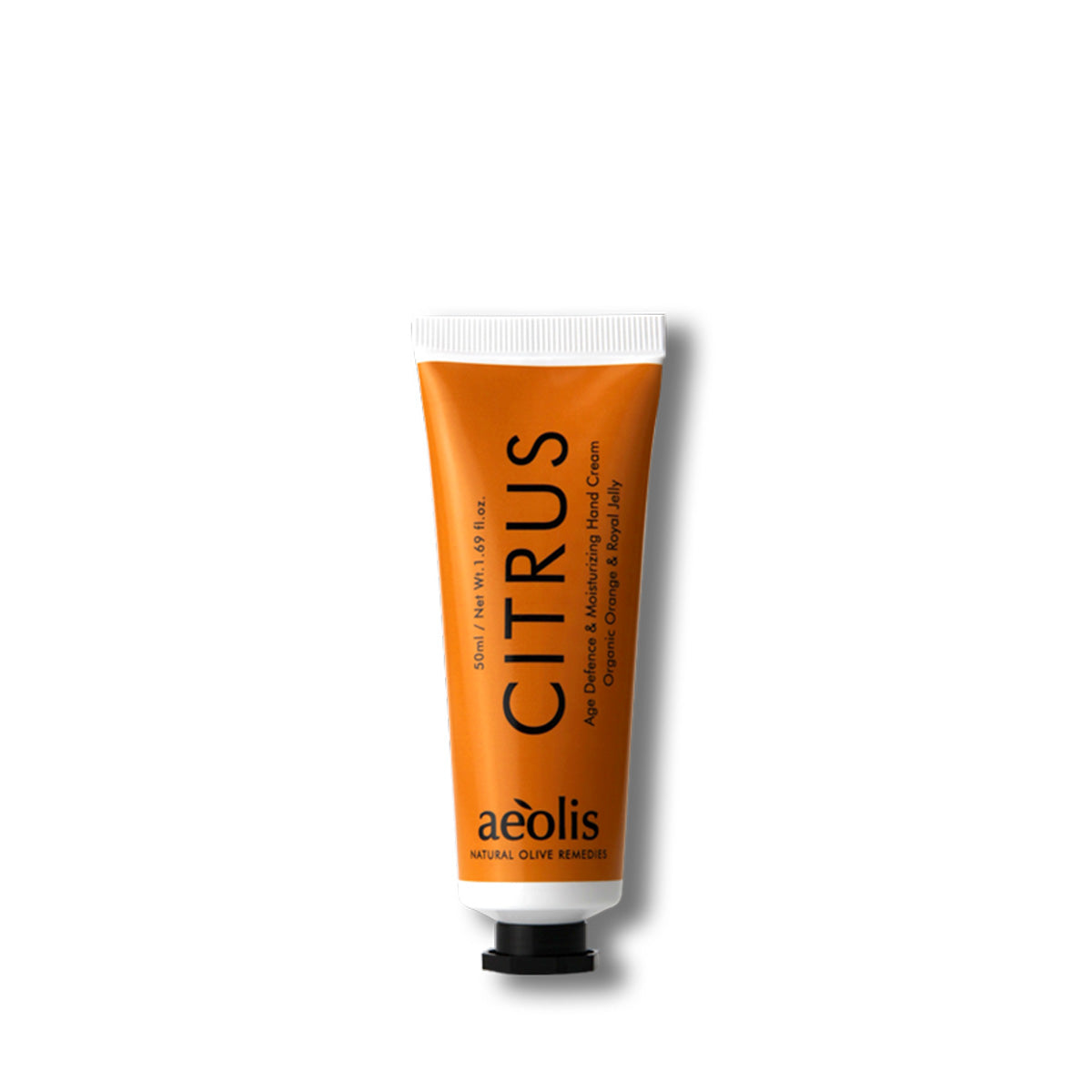 Orange hand cream tube labeled 'Citrus' by 'aeolis' on a white background