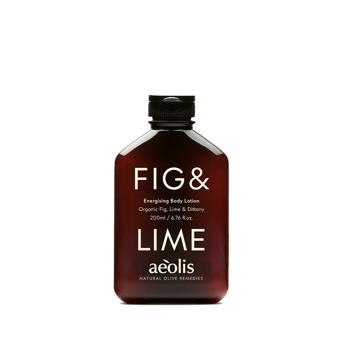 A 200ml bottle of aóelis Fig & Lime Energising Body Lotion. The bottle is a dark amber-brown color with a black cap, featuring white text on the front label.