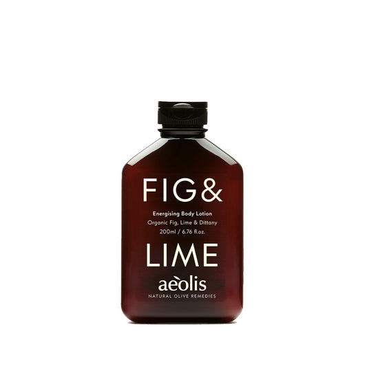 A 200ml bottle of aóelis Fig & Lime Energising Body Lotion. The bottle is a dark amber-brown color with a black cap, featuring white text on the front label.