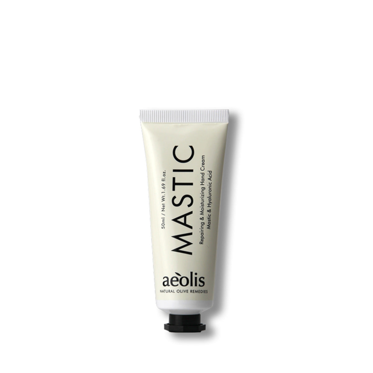 Hand cream tube labeled 'Mastic' by 'aeolis' on a white background