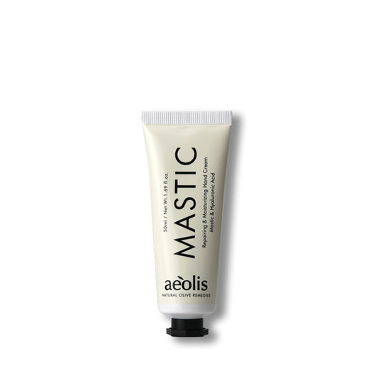 Hand cream tube labeled 'Mastic' by 'aeolis' on a white background