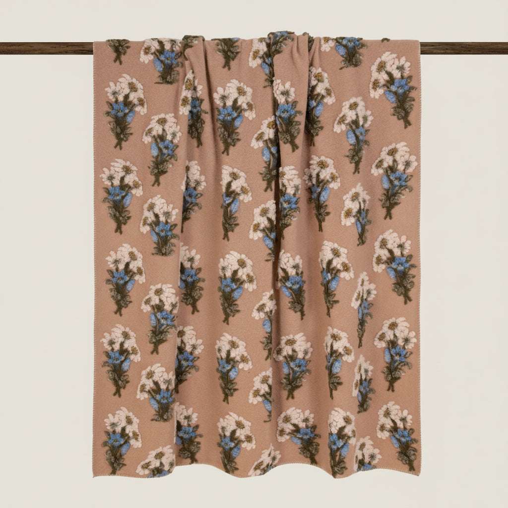 Bunch of flowers boiled wool throw in beige and blue.