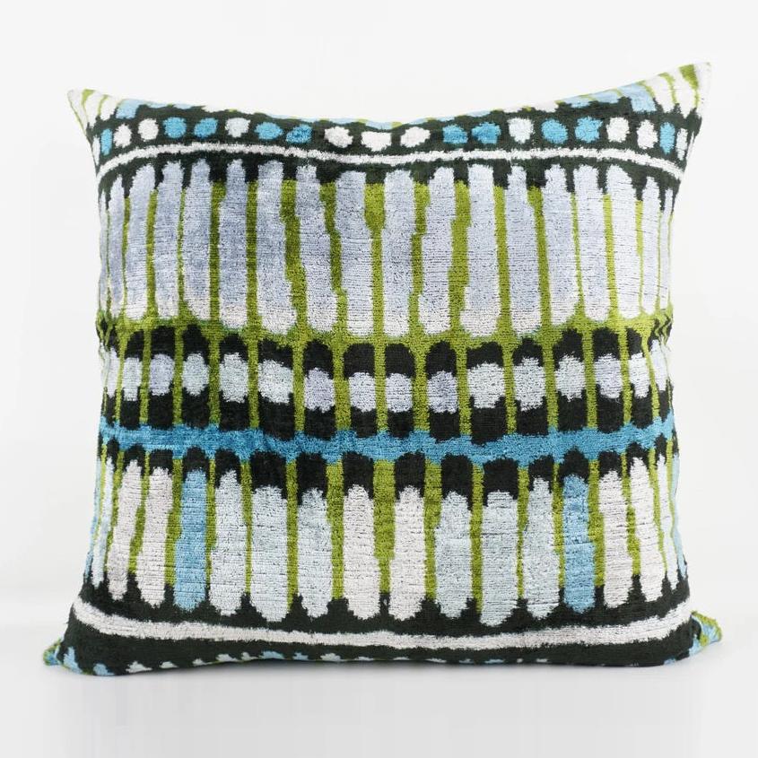 Large Blues/Green Abstract Silk Velvet Ikat Cushion