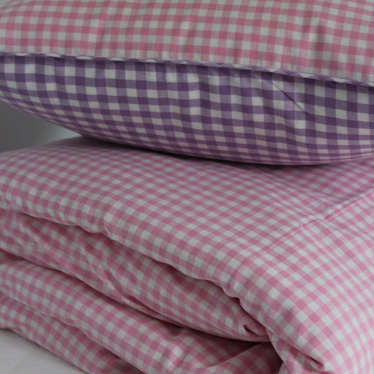 Pink/lilac reversing gingham pillowcase and duvet cover