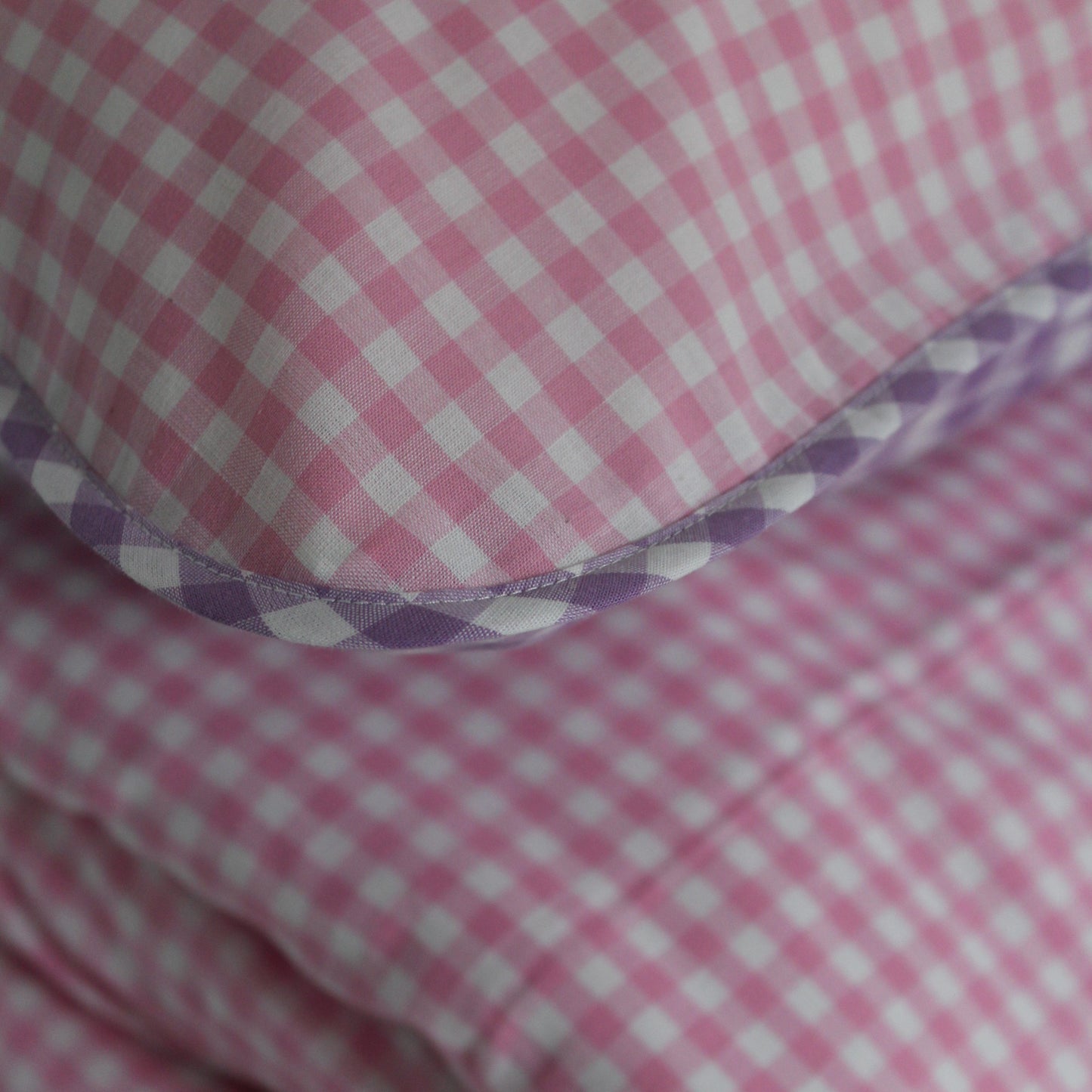 Close-up of a pink and white checkered fabric with a purple border.