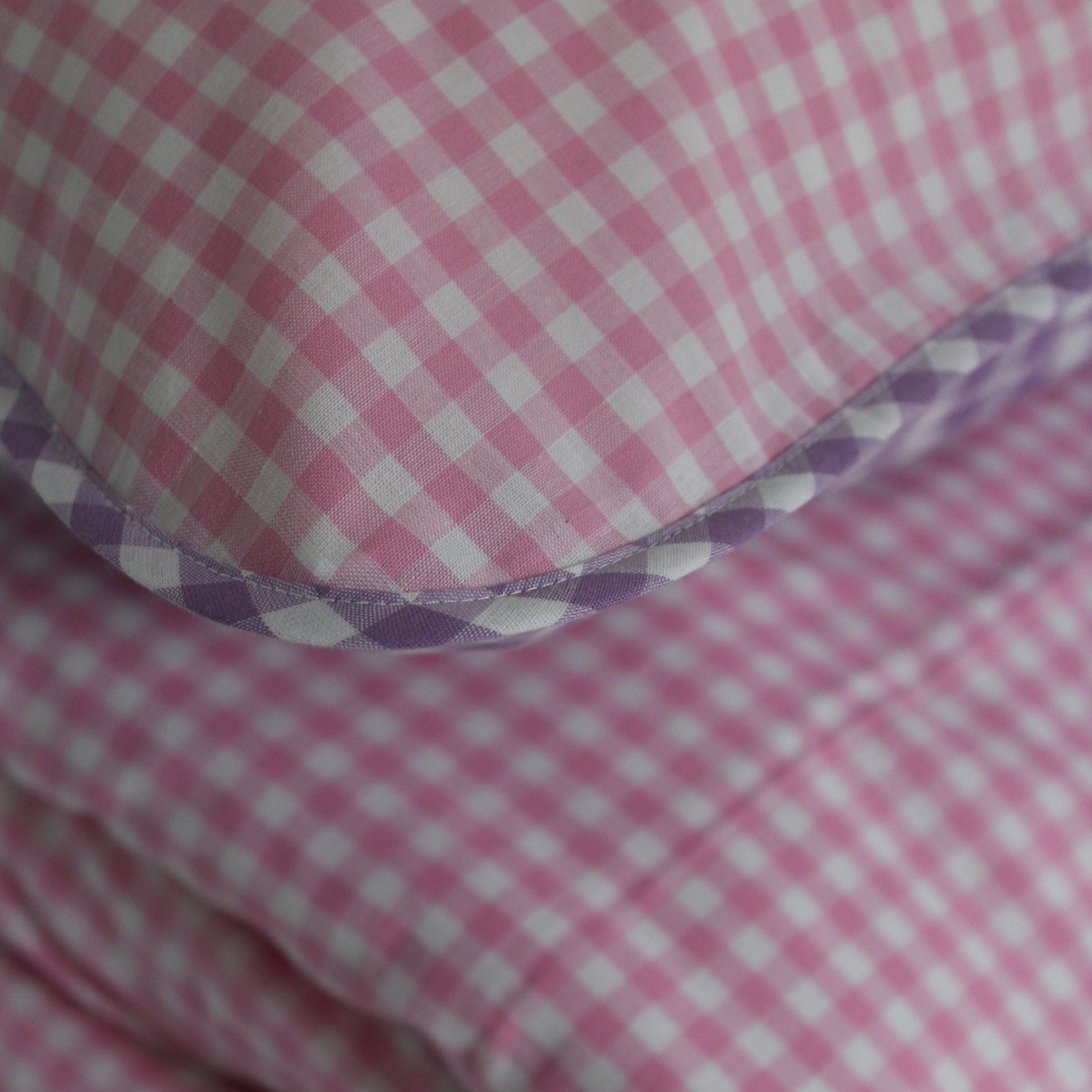 Close-up of a pink and white checkered fabric with a purple border.