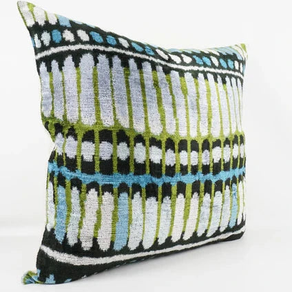 Large Blues/Green Abstract Silk Velvet Ikat Cushion