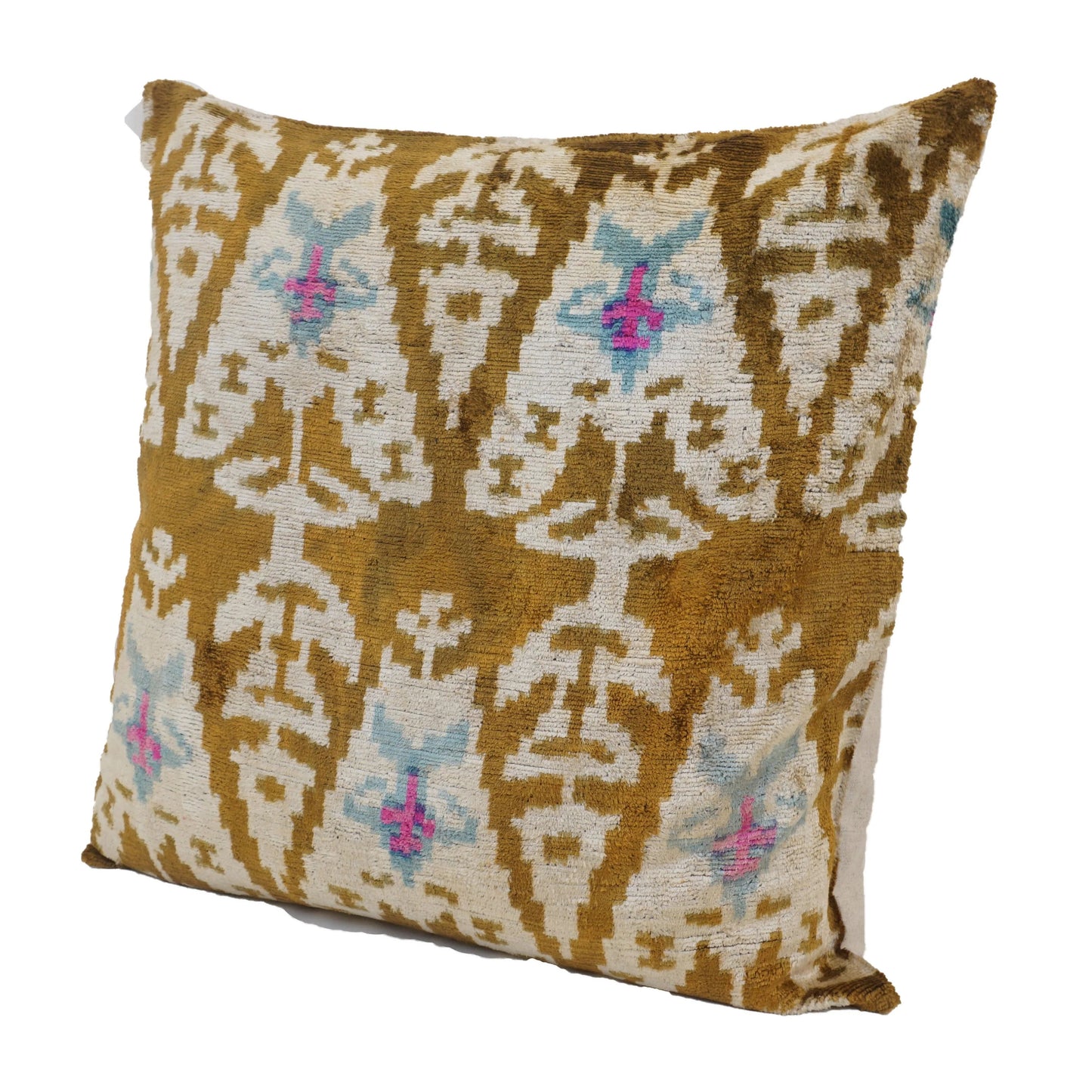 Kelim silk velvet large square cushion with a dark gold base and grey patterns with hints of blue and pink.