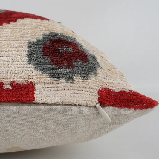 Ottoman silk velvet cushion in read and green.