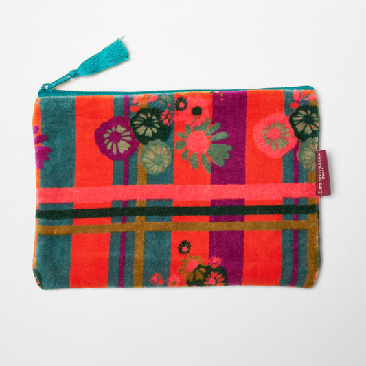 Orange, teal and purple stripe and floral patterned cotton velvet pouch.