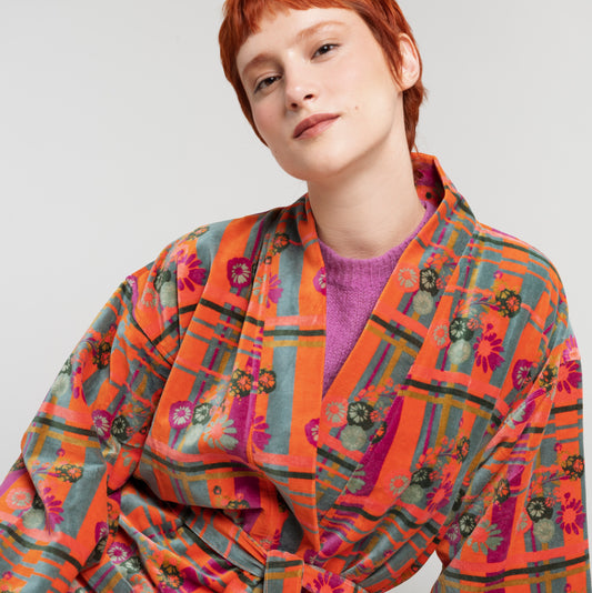 Orange, teal and purple striped and floral patterned cotton velvet robe.