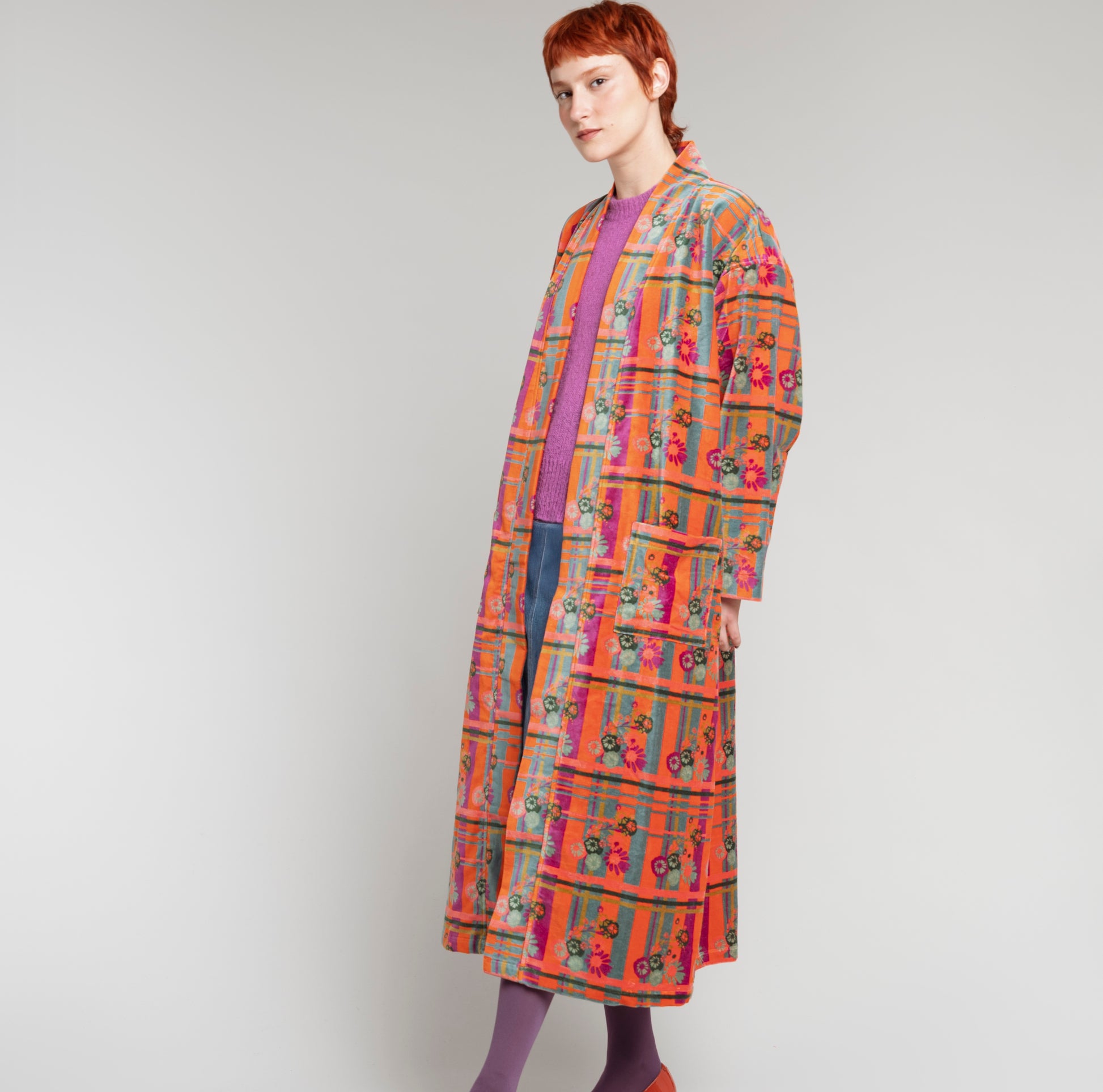 Cotton velvet orange, purple and teal striped and floral designed robe.