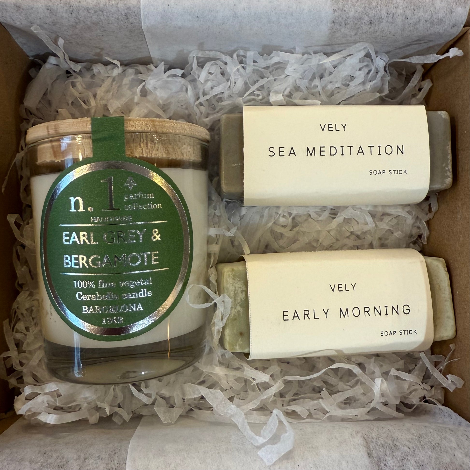 small reusable box with earl grey votive candle and two bars of hand made soap